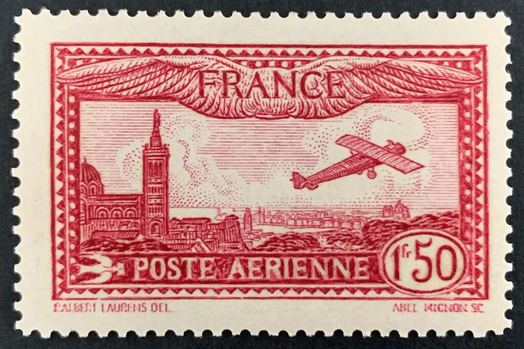 Timbre de poste aérienne de 1930, Avion survolant Marseille, gravé par Abel Mignon d’après Paul Albert Laurens.