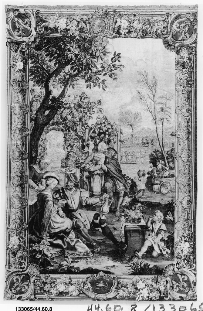 Octobre, tapisserie des Gobelins tissée entre 1732 et 1737 : vendanges et scènes de cour dans une bordure fleurie.