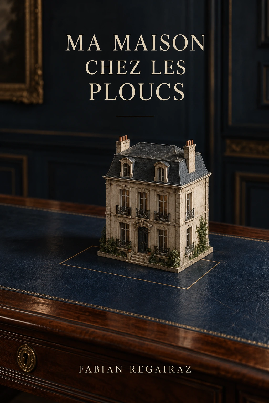 Ma maison chez les ploucs : une demeure miniature sur un bureau de cuir bleu