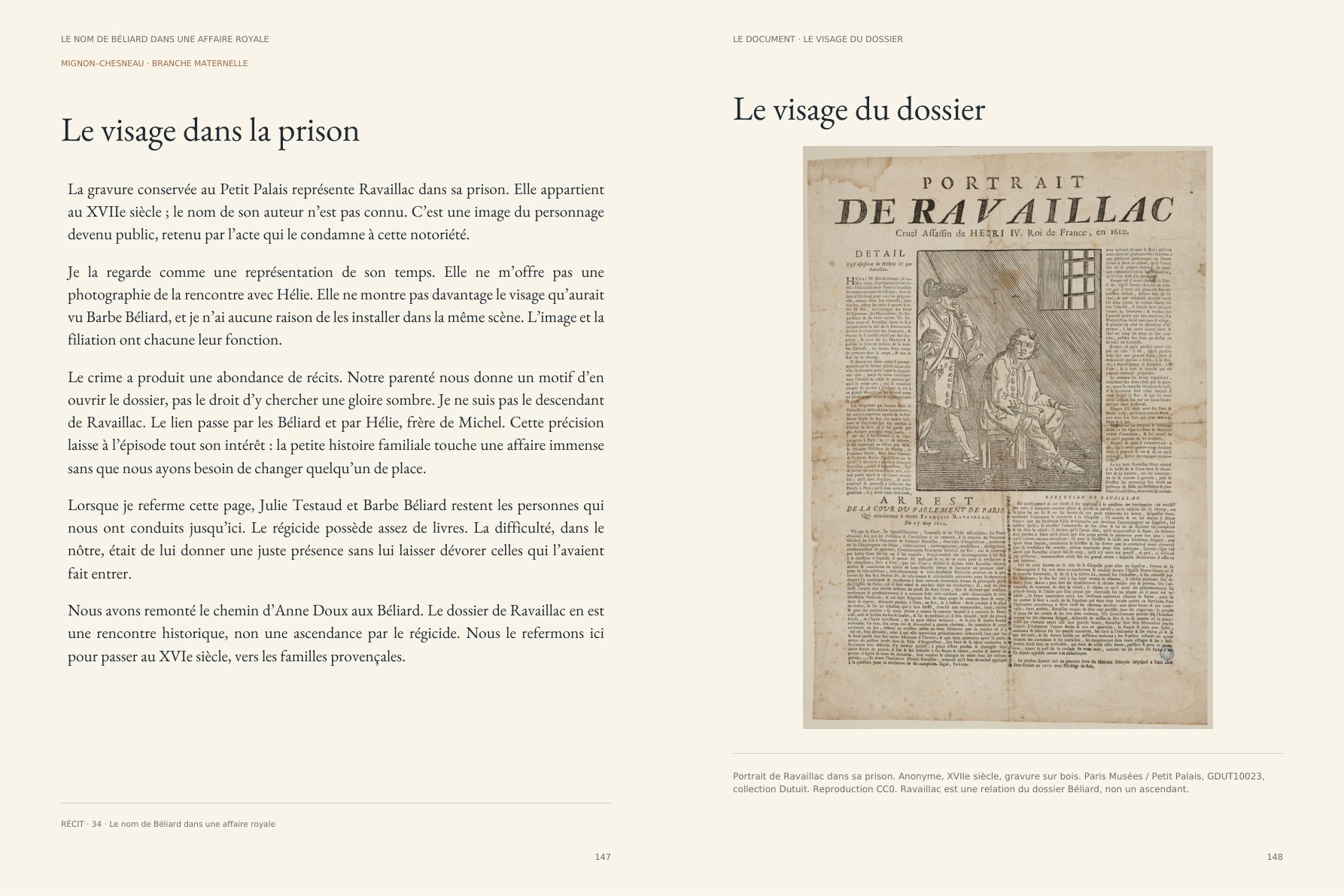 Récit des Béliard et gravure ancienne de Ravaillac dans sa prison