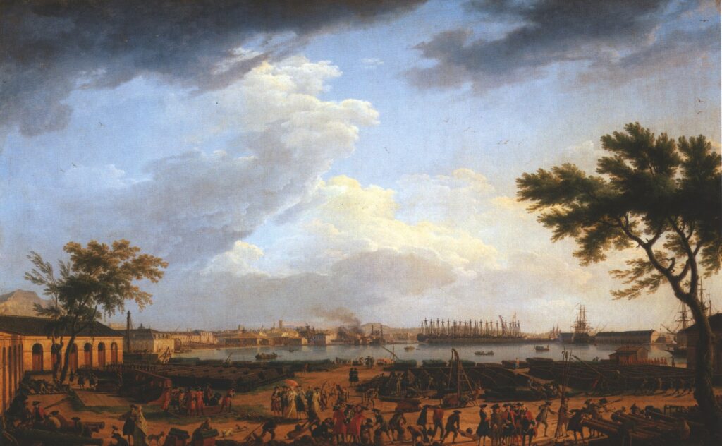 Le port neuf de Toulon peint par Claude-Joseph Vernet en 1755 : navires, ouvriers et matériel sur les quais