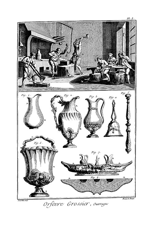Encyclopédie, 1765, « Orfèvre grossier » : l’atelier et les ouvrages de vaisselle d’argent.