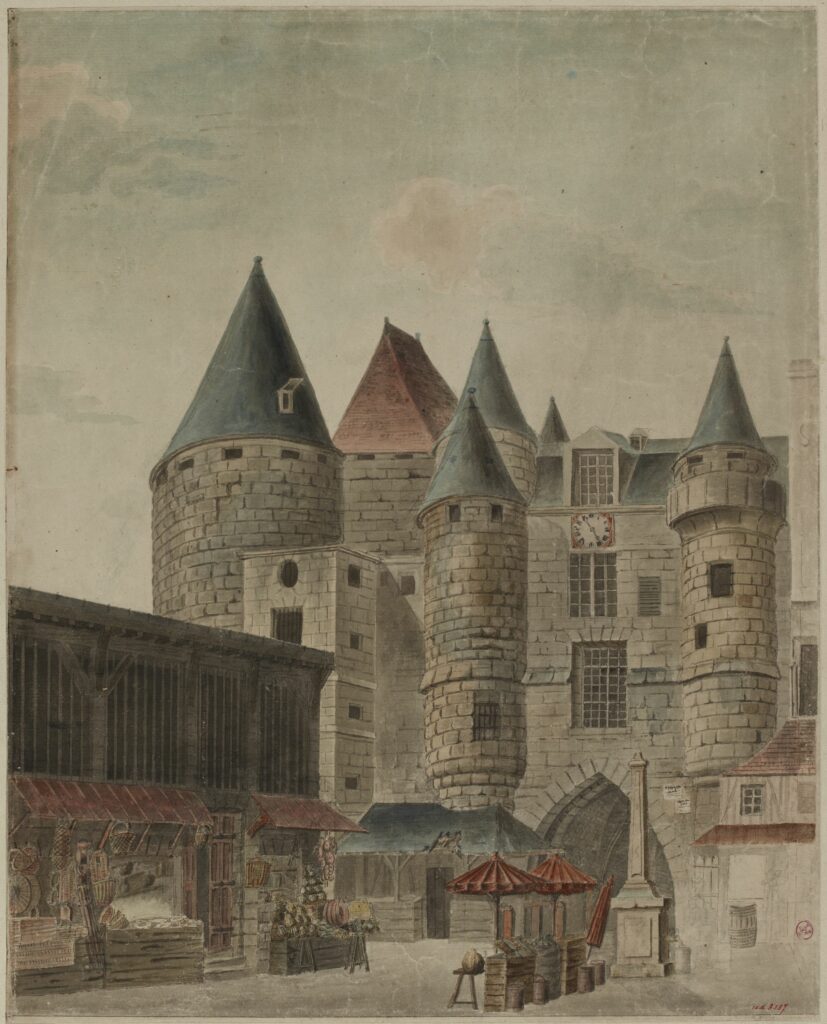 Vue du Grand-Châtelet et de la Grande-Boucherie du côté de la rue Saint-Denis, anonyme, vers 1800 : la forteresse et, à gauche, les bâtiments de la boucherie, peu avant leur démolition.