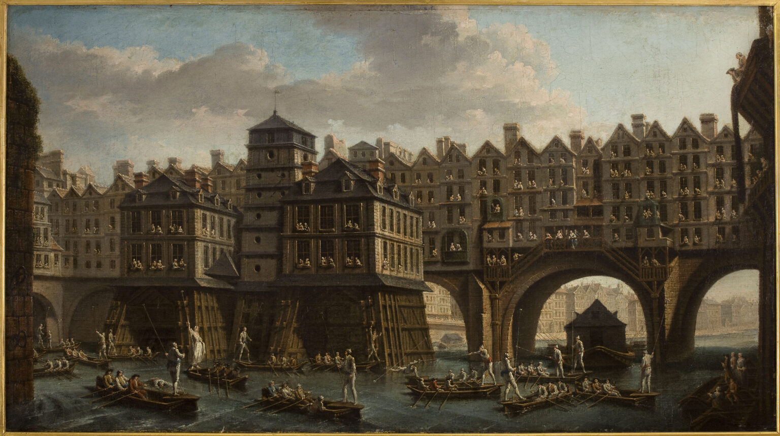 Nicolas-Jean-Baptiste Raguenet, La Joute des mariniers entre le pont Notre-Dame et le pont au Change, 1756 : le pont reconstruit en pierre, toujours bordé de maisons.