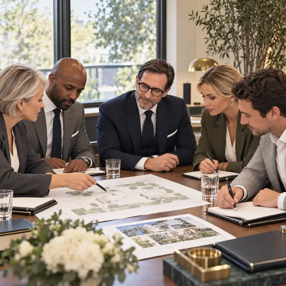Illustration : Fabian Regairaz et des agents immobiliers invit&eacute;s &eacute;tudient un dossier ensemble