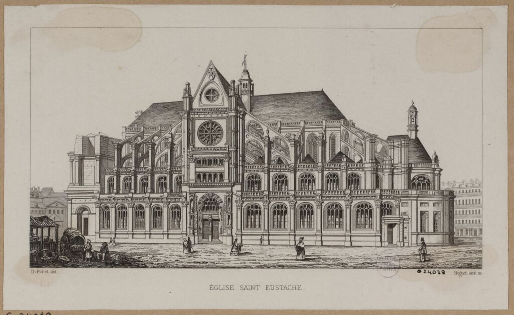 Saint-Eustache gravée par Jean Charles Huguet d’après Charles Fichot, XIXe siècle : la masse gothique de la nef et la façade classique ajoutée au XVIIIe siècle.