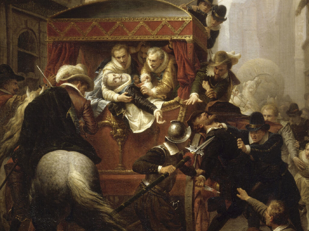 L’assassinat d’Henri IV et l’arrestation de Ravaillac, rue de la Ferronnerie, le 14 mai 1610 : une reconstitution peinte au XIXe siècle, non un témoignage. La rue, étroite et encombrée, prolongeait la rue Saint-Honoré du drapier Desplasses.