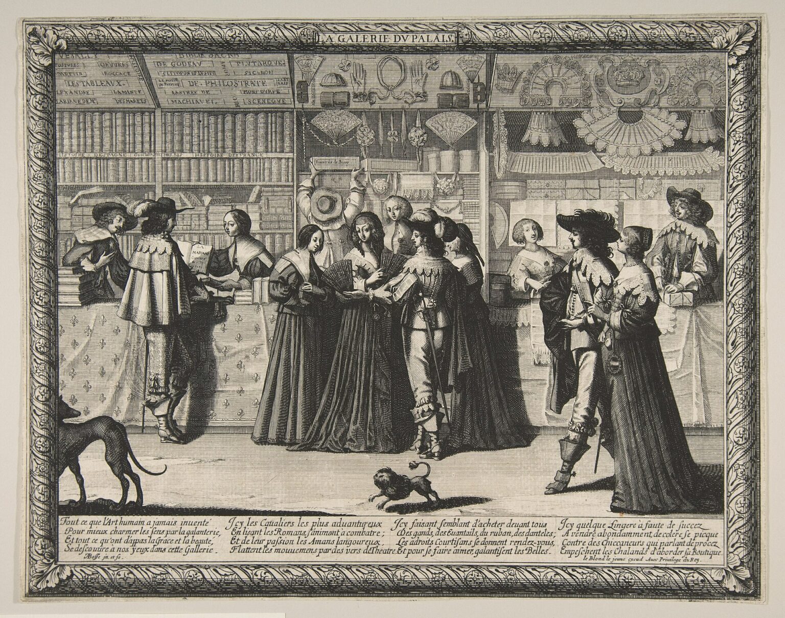 Abraham Bosse, La Galerie du Palais, vers 1638. Lingères, merciers et libraires tiennent boutique dans la galerie du Palais de justice : le commerce parisien des étoffes et des ornements, tel que le voyait la génération du fils du drapier.