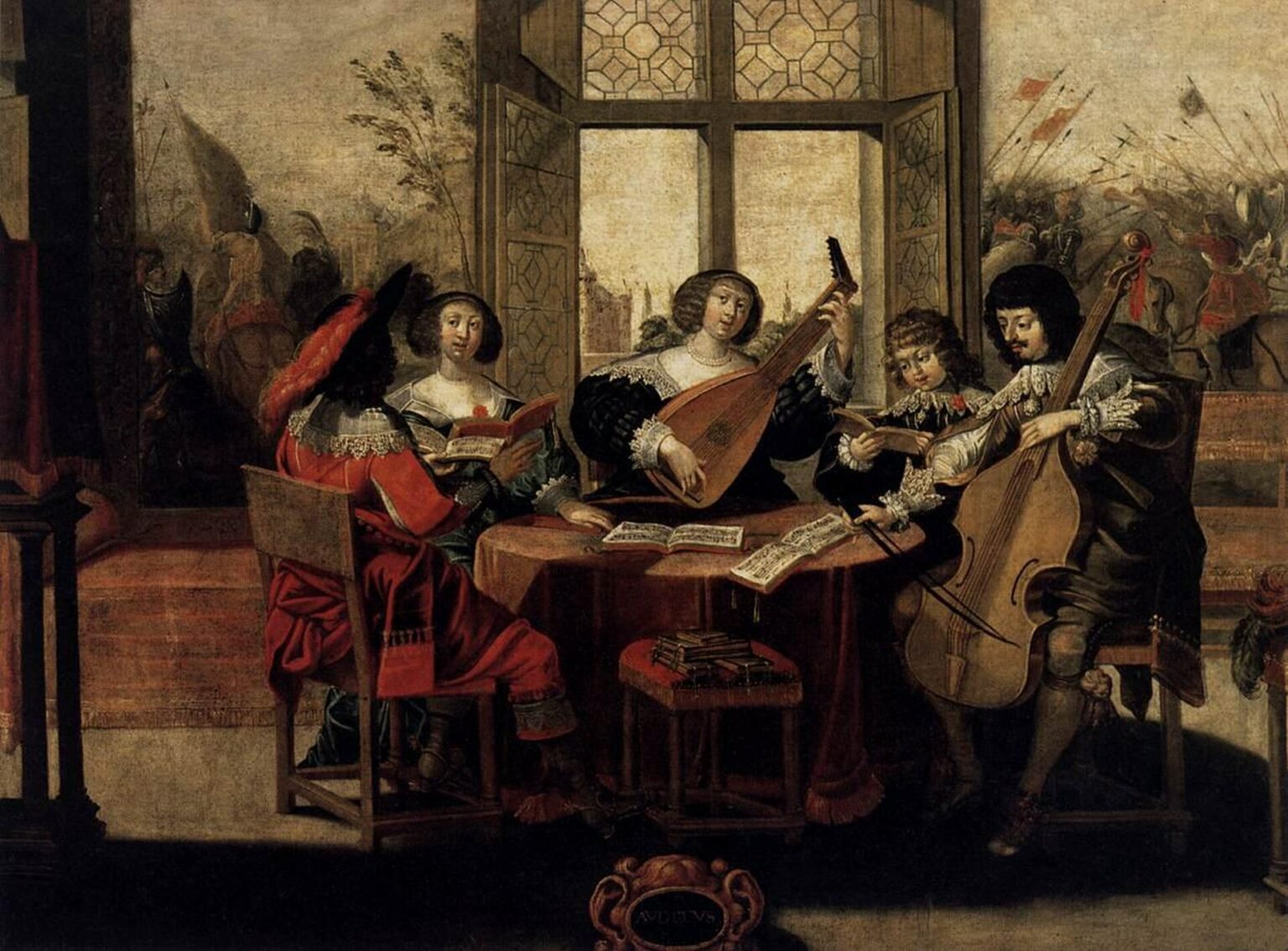 L’Ouïe, attribué à Abraham Bosse, vers 1638. Un concert domestique, avec luth, basse de viole et voix : le milieu où s’exerce le métier des joueurs d’instruments, sans représentation d’un ancêtre.