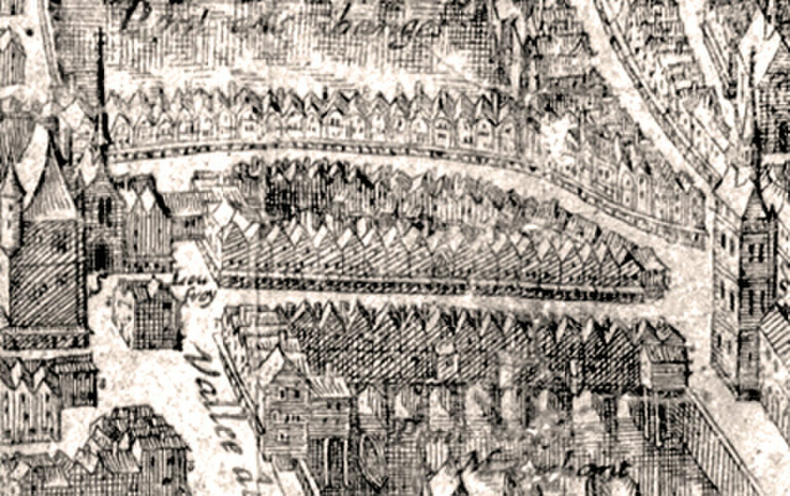 Le plan de Merian, 1615 : la pointe de l’île de la Cité, le pont Marchand et le pont au Change couverts de maisons, six ans avant l’incendie de 1621 qui les détruisit tous deux. C’est le paysage de l’enfance de Marie Marcès.