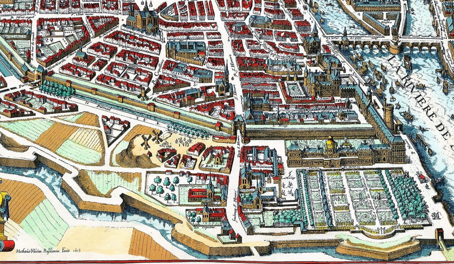Le plan de Merian, 1615 : les Tuileries et les quartiers de la rive droite vers la porte Montmartre. La rue Saint-Honoré longe ce secteur avant de rejoindre les Halles.