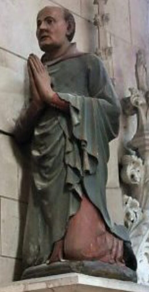 Étienne Porcher agenouillé, statue en pierre polychrome du dernier quart du XIVe siècle, haute de 130 cm, église Saint-Thibault de Joigny. Une effigie d’époque, provenant de la chapelle qu’il avait fondée : le seul visage de ce livre qui so